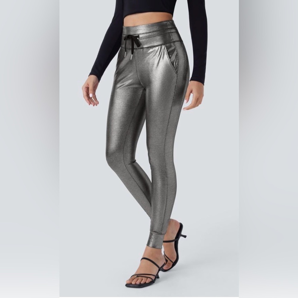 Halara Metallic Silver Faux Leather Joggers